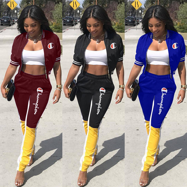 Champions women sports suit 3 piece set jogging suit jacket zipper Crop top jogger suit leggings bodycon pants Gradient tracksuit summer