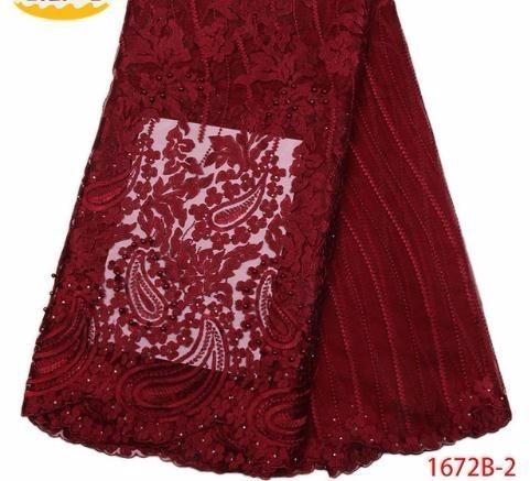 Wine African Lace 2018 High Quality Pearls Embroidery Tulle Lace Fabric, African Lace Beaded 5 Yards MR1672B
