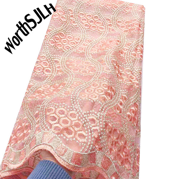 WorthSJLH High Quality African Lace Fabric Materials 2019 Peach Fushia Pink Cord Lace Fabric Mesh Tulle Nigeria Lace Fabric With Stones