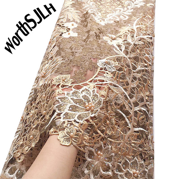 Gold African Cord Lace Fabric Water Soluble Wedding Dress Lace Material Stones High Quality Nigerian Guipure Lace Fabric