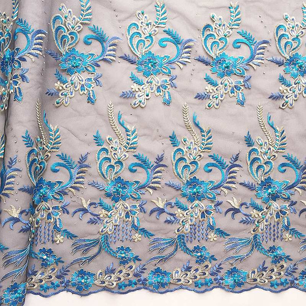 New 2018 Beaded Lace Fabric Teal Wedding Dress Luxury Lace Fabric Turquoise Blue African Latest Net Lace Fabrics High Quality