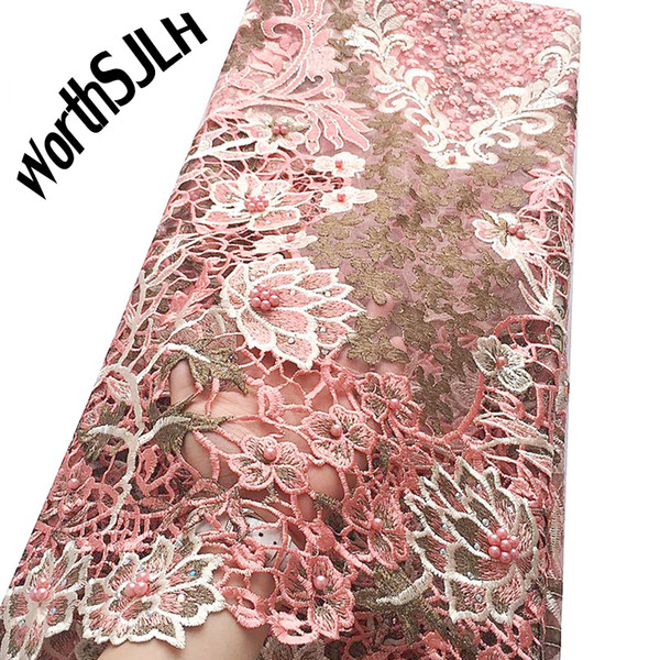 African French Lace Fabric High Quality Peach Lace Fabric Lilac Nigeria Dubai Lace Fabric With Beads And Stones For Dress