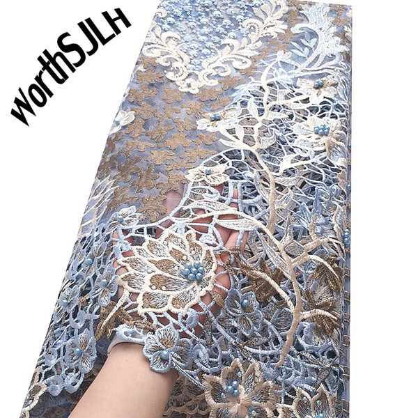 African Cord Lace Fabrics Latest Nigerian French Net Beaded Lace Fabric Royal Blue High Quality Lace