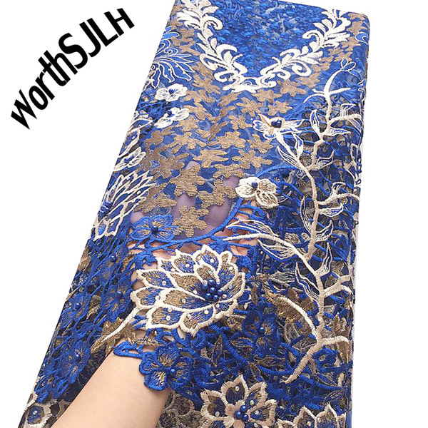 WorthSJLH Beaded Guipure French Lace Magenta Royal Blue Nigerian Lace Fabrics African Swiss Lace Fabric High Quality