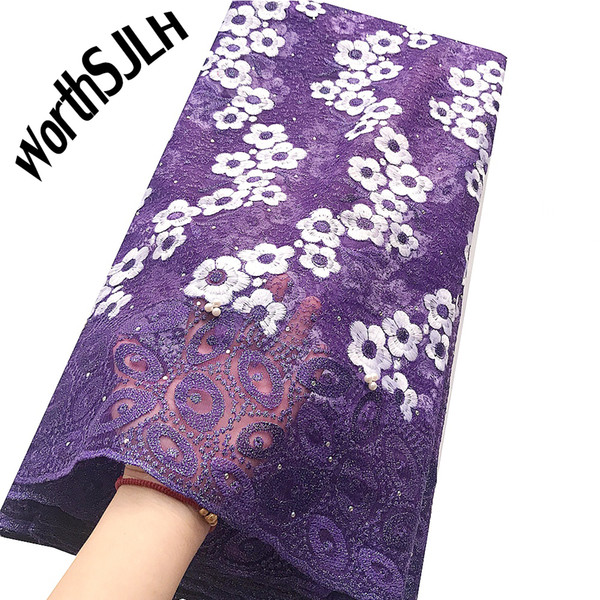 Latest African Laces 2020 High Quality Fushia Pink Africa Beaded Lace Fabric Stones Purple Tulle Mesh Nigerian Lace Fabrics