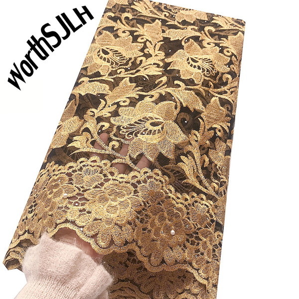 2020 Latest French Nigerian Laces Fabrics Gold Magenta Dubai African Swiss Lace Fabric 2019 High Quality Lace Material For Women