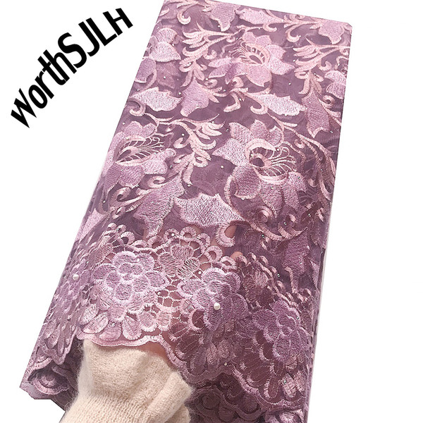 Lilac Nigerian High Quality French Lace 2019 Latest African Tulle Lace Embroidery Fabric White Nigeria Fabric Lace With Stones