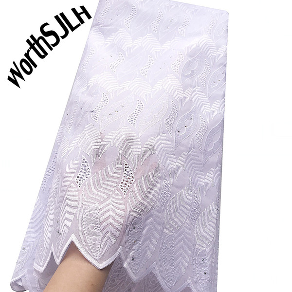 WorthSJLH African Men Dress White Polish Lace African Party Swiss Voile Lace Fabrics High Quality Solid Dry Cotton Lace With Rhinestones