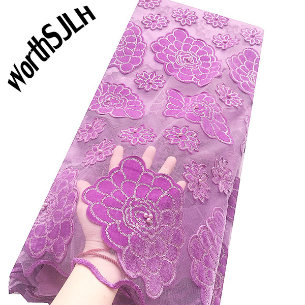 WorthSJLH Latest African Velvet Laces Lilac Mesh Net French Lace Fabric Onion Beaded African Sequin Lace Fabric High Quality