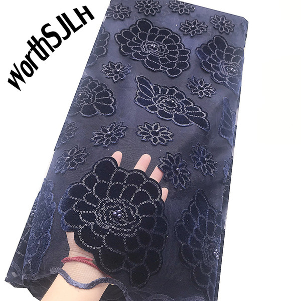 WorthSJLH 3D Latest African Sequence Lace Material Navy Blue Cord Tulle Swiss Lace Fabric Velvet Beaded Lace Fabric For Women Dress