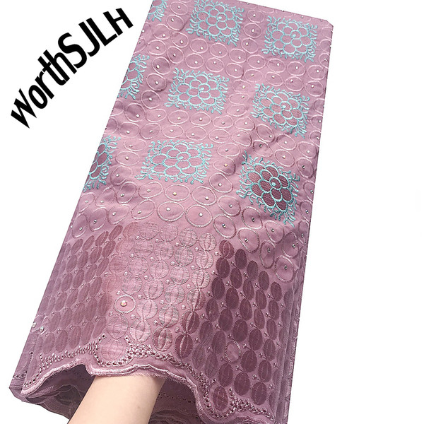 WorthSJLH Embroidered Nigeria Cotton Lace Fabric 2019 Lilac Beige Dry African Lace Fabric Swiss Voile Lace High Quality With Stones