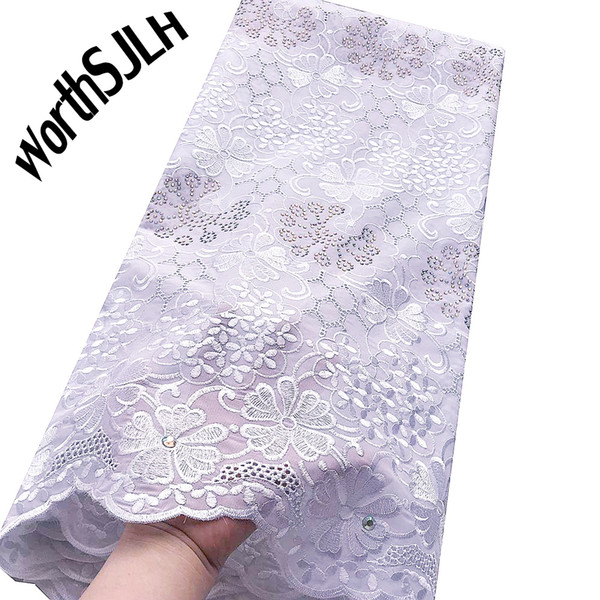 WorthSJLH Swiss Cotton African Lace Fabric Embroidery Nigerian White Lace Fabric Orange Rhinestones Dubai Fabric Lace Material 