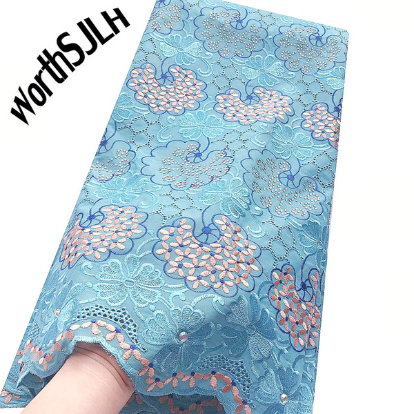 WorthSJLH Luxury Rhinestones Swiss Voile Lace High Quality Swiss Cotton Voile African Fabric Lace White Sky Blue Dubai Lace Fabric