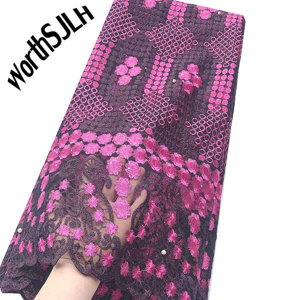 WorthSJLH Nigerian Latest Lace Fabric 2019 Fushia Pink Grey French Tulle Lace Fabric High Quality Wedding Fabric Material With Stones