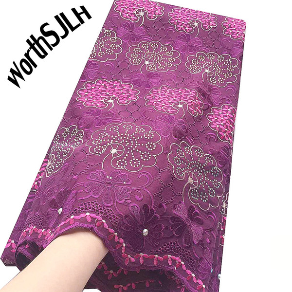 WorthSJLH Latest Swiss Voile Dry Lace Fabrics High Quality Cotton Lace Fabric Switzerland Rhinestone African Magenta Lace Fabric 