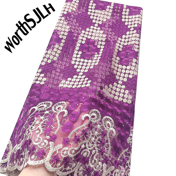 WorthSJLH Mesh Nigerian Lace Fabrics For Wedding African Lace Fabric 2019 High Quality Magenta Lilac Nigeria French Cord Lace Fabric