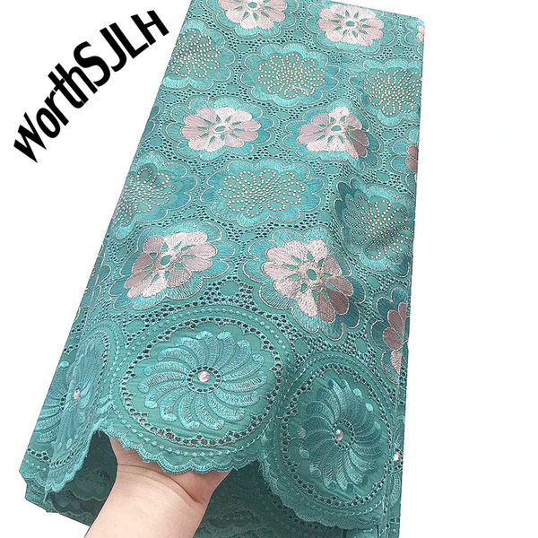 WorthSJLH Dubai High Quality Swiss Lace Material Aqua Green Latest African Fabric Lace Cotton Swiss Voile Lace Fabric With Stones