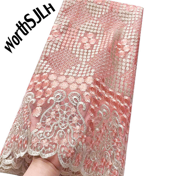 WorthSJLH Best Selling African Lace Fabric Magenta Nigeria 2019 Net French Lace Material Swiss Tulle Peach Lace Fabric For African Parties