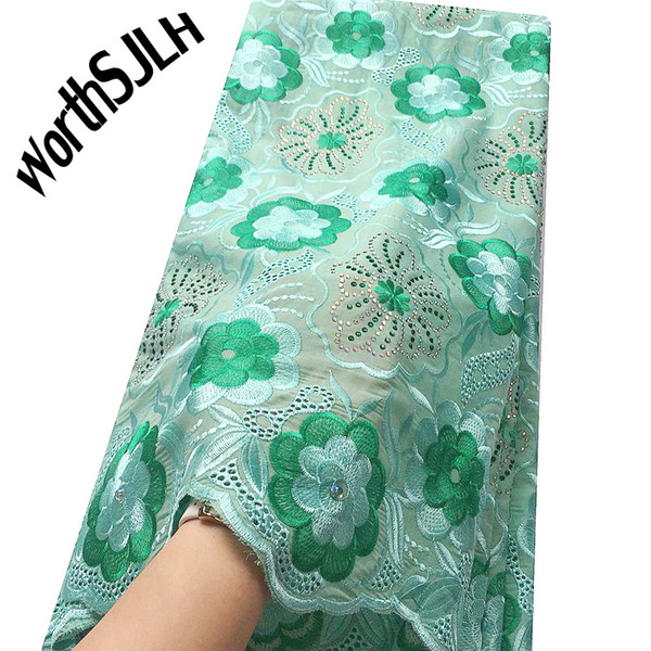 WorthSJLH Swiss Latest African Laces Aqua Peach Rhinestone Nigerian Men Cotton African Lace Fabric Swiss Voile Lace High Quality