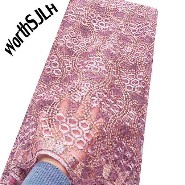 WorthSJLH Nigeria Fashion African Tulle Lace Fabric Nigerian Lace Fabrics 2019 Lilac White Africa Net Embroidery Beads Lace Fabric