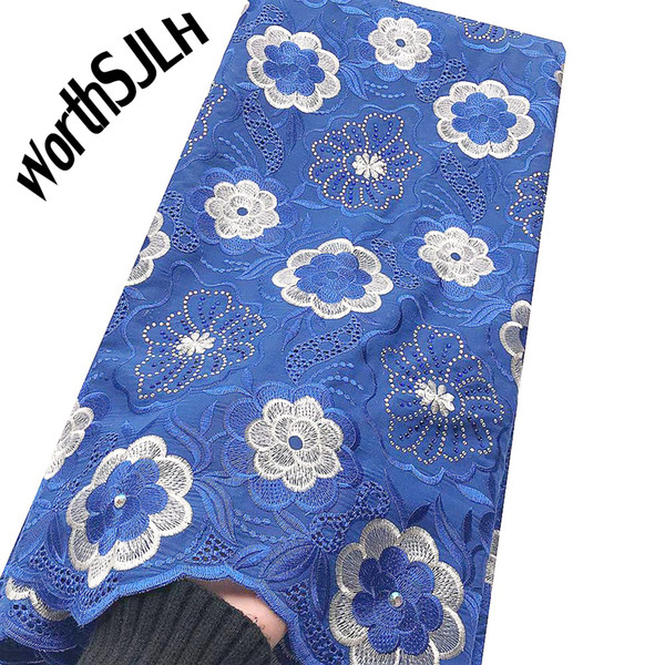 WorthSJLH Embroidered Dry Cotton Lace Fabric Swiss Voile Africa Lace Fabric Royal Blue White Nigerian Swiss Lace Fabric High Quality 