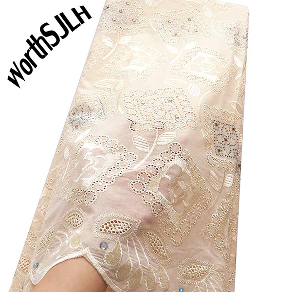 WorthSJLH White African Swiss Lace Fabric Chiffion Beige Africa Voile Dry Lace Fabrics High Quality Cotton Lace Fabric With Stones