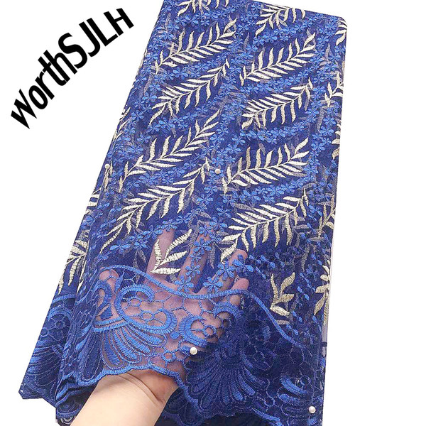 WorthSJLH New Latest Nigerian Lace Fabric 2019 High Quality French Net Lace With Stones Blue Peach Mesh Guipure Lace Fabric