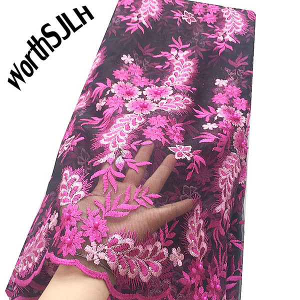 WorthSJLH Latest Nigerian Beaded Net Lace Fabric 3D African Lace Fabric 2019 High Quality Coral Fushia Pink French Laces Fabric