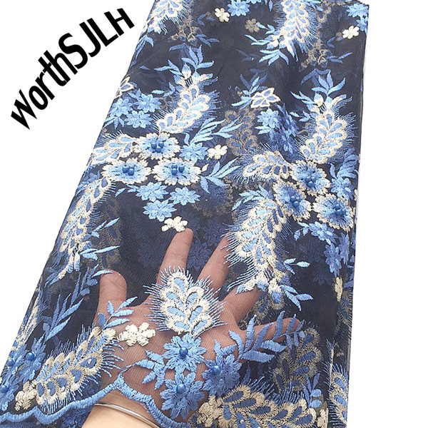 WorthSJLH Nigerian French Lace Fabrics 2019 African Tulle Lace Fabric High Quality Indian Teal Green Blue Lace Fabric With Beads And Stone