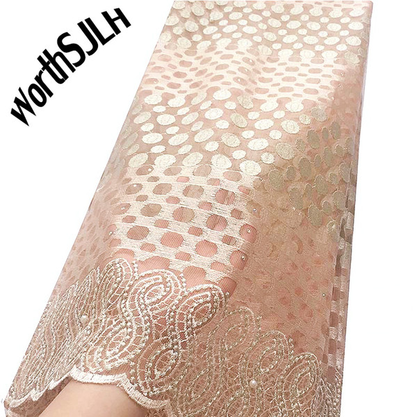 WorthSJLH African French Lace Fabric High Quality 2019 Magenta Latest Tulle Beaded Lace Fabric Nigeria Gold Lace Fabric Material