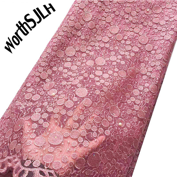 WorthSJLH Beaded Nigerian Lace Fabrics Guipure White Pink Lace Fabric Latest African Tulle Lace Fabric 2019 For Wedding