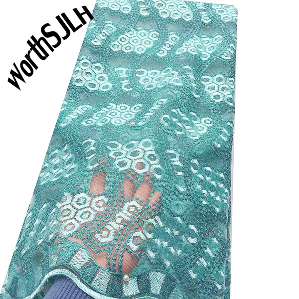 WorthSJLH Beaded African Lace Fabric 2019 High Quality Mesh Wedding Lace Fabric Aqua Magenta African Net Lace Fabric With Stones