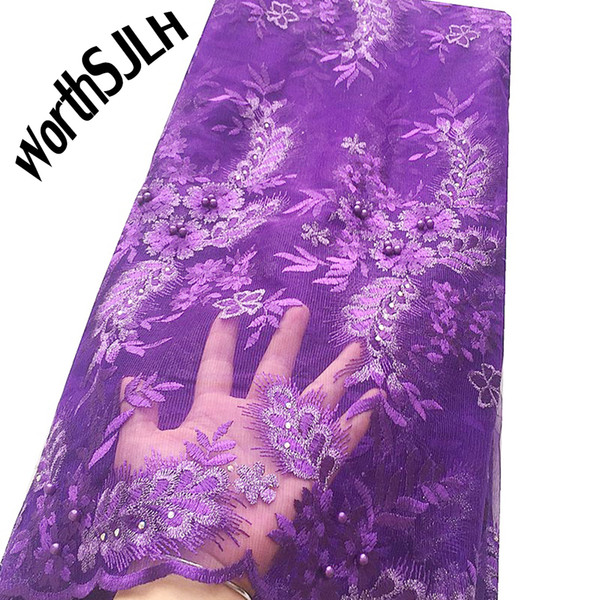 WorthSJLH Purple Heavy Beaded Lace fabric Stones Nigerian Cord Swiss Lace Fabric White Africa High Quality Lace Fabric For Wedding Dress