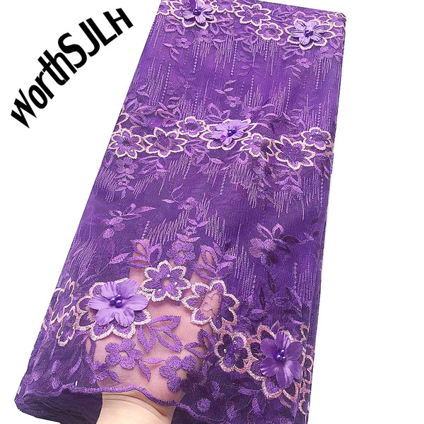 WorthSJLH 3D Flower Nigerian Lace Fabric Blue Net Tulle Fabrics Lace 2019 Purple Wine Guipure Swiss Lace Fabric For Wedding Dresses