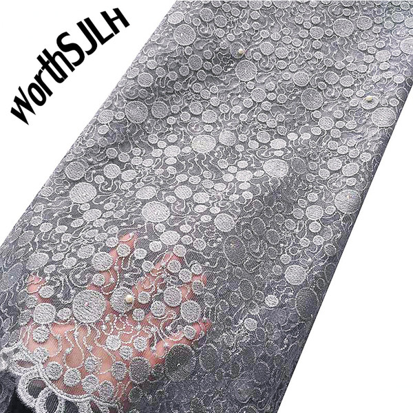 WorthSJLH Aso Ebi Nigerian Lace Fabrics High Quality Gold Grey African Fabric Lace Beige Tulle French Net Lace 2019 With Stones