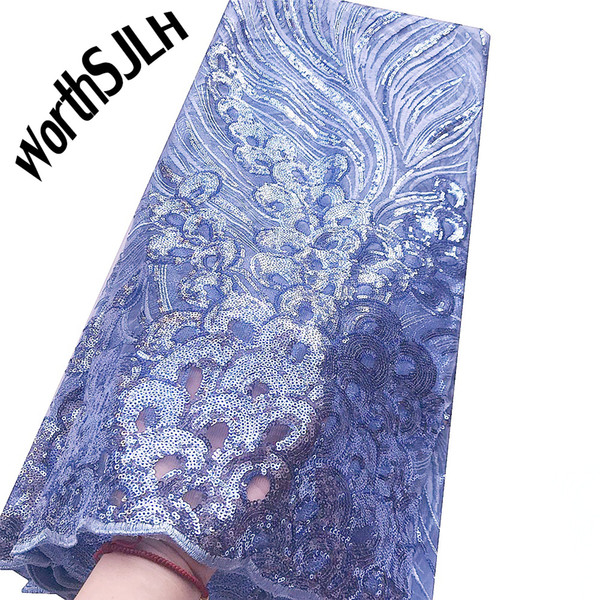 WorthSJLH Swiss Latest African Laces High Quality Blue Sequence Nigerian Lace Fabrics Gold Mesh Net Nigeria Wedding Lace Fabric