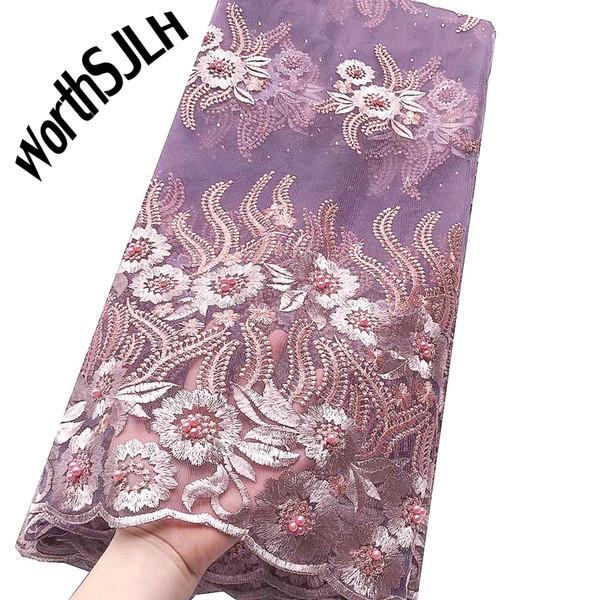 WorthSJLH African Lace Fabric 2019 High Quality Lilac Magenta Rhinestones Bridal Lace Fabric Indian Latest Nigerian French Tulle Lace