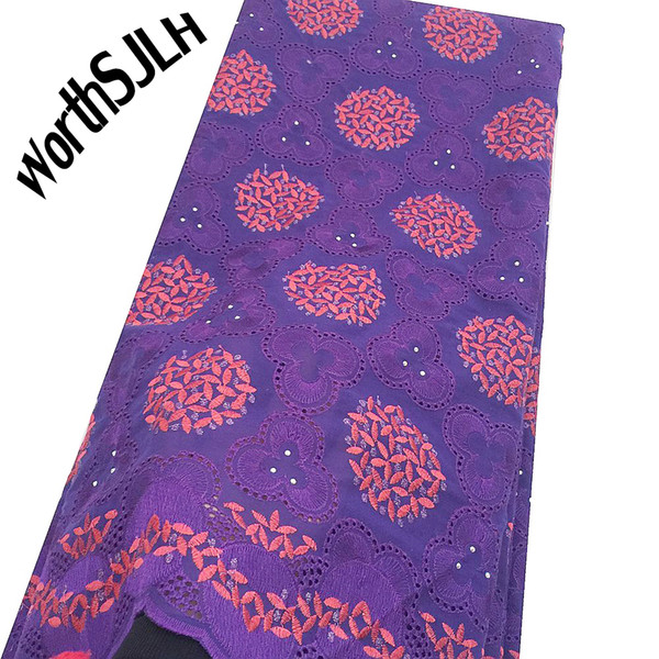 WorthSJLH Rhinestones Swiss Voile Lace Fabric 2019 Nigerian Purple Lace Fabric Lilac African Cotton Lace Fabric Embroidery For Party Dress