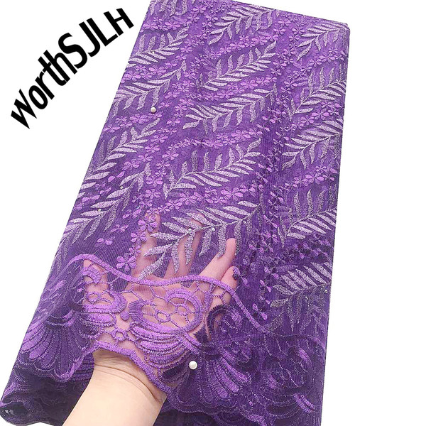 WorthSJLH Best Selling 2019 French Lace Fabric Net Women Purple Lace Fabric Sliver Nigerian Wedding Beads Indian Africa Lace Fabric