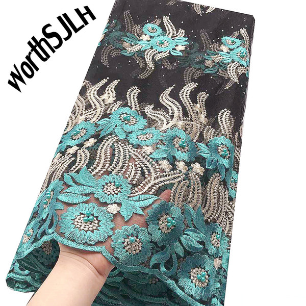 WorthSJLH Nigerian French Tulle African Fabric Lace 2019 Swiss Bridal Lace Material Aso Ebi Silver Nigeria Green Lace Fabric For Women