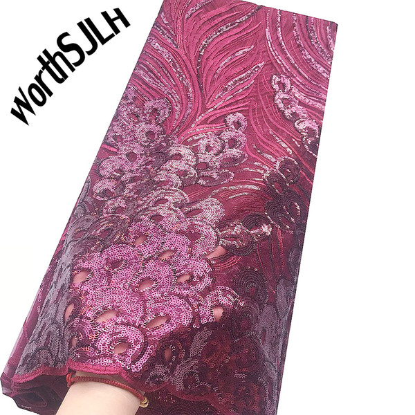 WorthSJLH Beautiful African Sequence Lace Fabric Wine Tulle Nigeria Lace Fabric Purple Sequin French Swiss Lace Dubai Fabric For Wedding