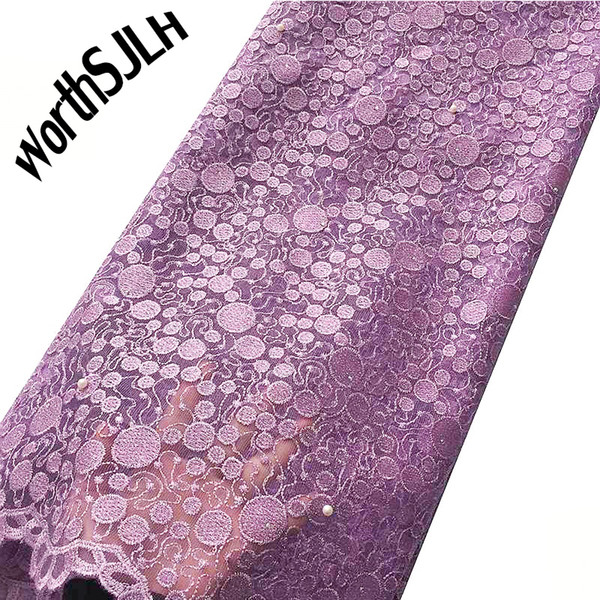 WorthSJLH 5 Yards Nigerian Bridal Lace Fabric Light Purple Pink Grey Latest African Laces 2019 Embroidery French Dubai Lace Fabrics