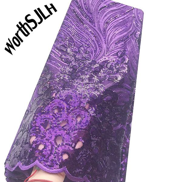 WorthSJLH Purple Latest French Nigerian Laces Fabrics Sequence Mesh Net Lace Fabric Magenta 3D Tulle Lace Fabric For African