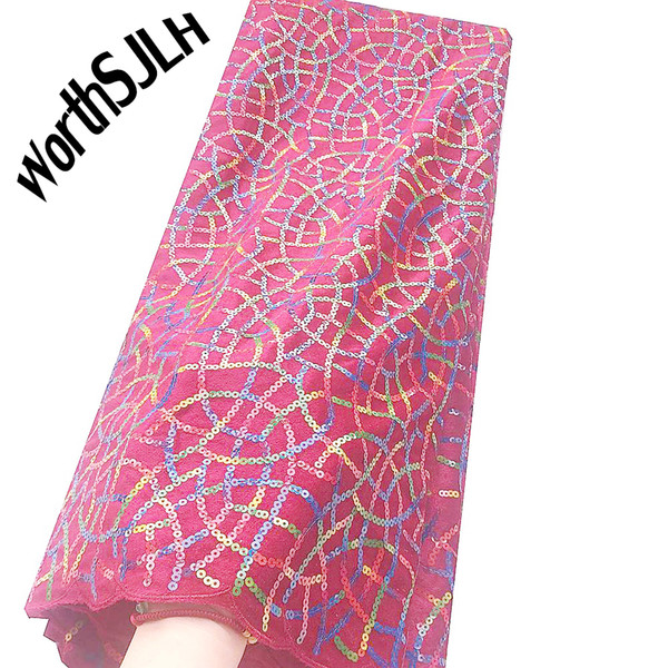 WorthSJLH Velvet African Lace Fabric 2019 High Quality Wedding Tulle Lace Fabric Red Purple Sequin Latest Nigeria Laces Material