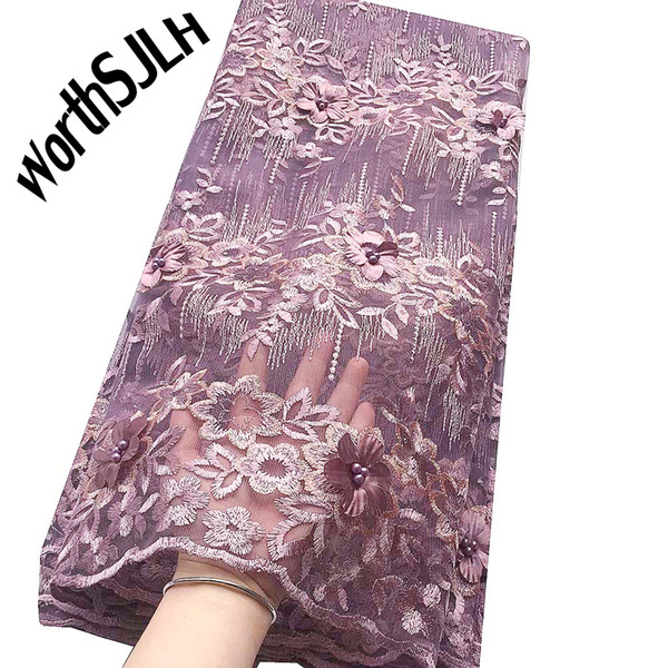 WorthSJLH African Lace Fabric 2019 High Quality Lilac Magenta Nigeria Lace Material French Tulle Beaded Lace Fabric With Stones