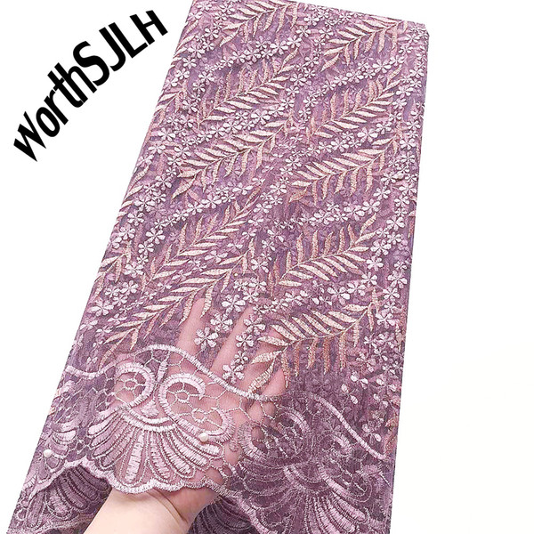 WorthSJLH Lilac Embroidered African Lace Fabric Bridal Net Latest Lace Fabric Magenta Nigeria Wedding Lace Fabric High Quality 2019