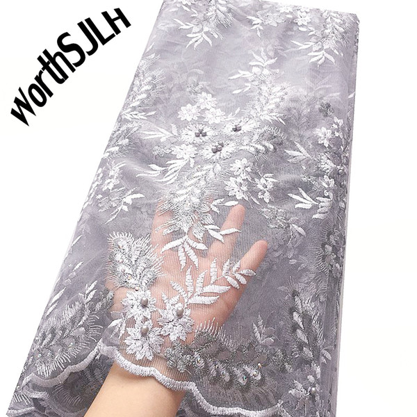 WorthSJLH Women Tulle Nigeria Lace Fabric 2019 Blue Grey Lace Fabric Beaded African French Cord Lace Fabric For Wedding Dresses