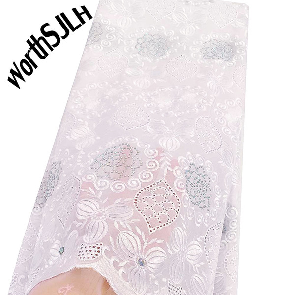 WorthSJLH White Swiss Voile Lace Fabric High Quality Cotton African Swiss Lace Fabric Magenta Rhinestone Nigerian Fabric Lace