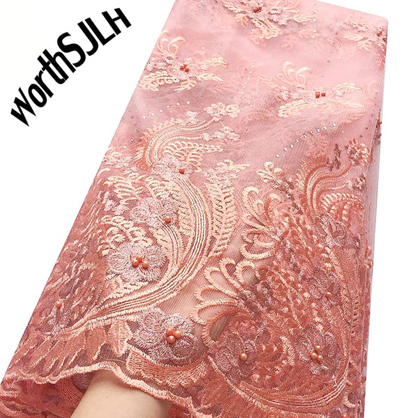 WorthSJLH Peach Latest Nigerian Lace Fabric 2019 High Quality Lilac Embroidered Mesh Dubai Tulle African Swiss Lace Fabric With Beads