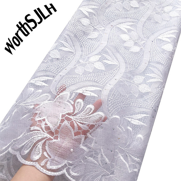 WorthSJLH 2019 Popular White African Lace Fabric High Quality Nigerian French Tulle Lace Fabrics Embroidered Net Laces Fabric With Beads